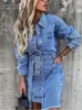 Robes décontractées Femmes printemps automne col rabattu manches longues robe en jean décontracté solide bouton mini robe mode élégante robe streetwear 230316