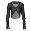 Women's T Shirts 2023 Mesh See Through Long Sleeve Buttons Up Crop Top Tee Tshirt For Girl Women Korean Female Y2k Goth Grunge Clothes