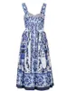 Casual jurken zomer hoiday blauw en witte porselein bloem printen katoenen jurk vrouwen spaghetti band ritssluiting elastisch backless midi vestidos w0315