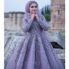 Lavender Lilac Long Sleeve Muslim Evening Dresses 2023 Gillter Applique Luxury Dubai Arabic High Neck Prom Occasion Gown