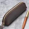 Étui à crayons en cuir véritable Vintage fait à la main, sac à stylos à fermeture éclair, pochette de rangement, Souvenirs personnalisés classiques, fournitures cadeaux