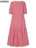 Casual Dresses Vonda Sommer Bohemian Kleid Frauen 2023 Casual Kurzarm Vintage Plaid Gedruckt Hemd Robe Urlaub Lose Plissee Midi Vestidos W0315