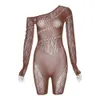 Wind 2023 Spring Women Jumpsuits Designer New Sexy Mesh Perspective Hollow High Waist Long Sleeve Tight Bodysuit Shorts Rompers 4 Colours