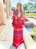 Casual Dresses Red Gradient Color Lurex Maxi Dress 2023 Autumn Women Long Lantern Sleeve Club Party Long Maxi Dresses Tunic Beach Cover Up A916 W0315