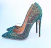 Отсуть обувь Shinning Sequin Stiletto каблуки насосы женщины сексуальные заостренные пальцы зеленого цвета высокий высокий большой размер одиночный капля