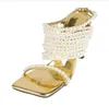 Glänzende Perlenketten Riemen Slingbacks Sandalen Frau Bling Gold Leder Square Peep Toe Gladiator Pumps Abendkleid Schuhe 0316