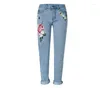 Women's Jeans Floral Embroidery Women Print 3D Flowers Pattern Straight Leg Denim Pants Harajuku Boyfriend Trousers Female Streetwear