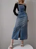 Abiti casual WOMENGAGA Maxi abito lungo con cinturino in denim alla moda per donna coreana allentata sottile chic 5RGA