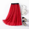 Skirts Long For Women Clothing Korean Fashion Red Pleated Skirt Summer High Waist Mulberry Silk Jupe Longue Femme Zm