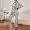 Kvinnors sömnkläder Kvinnor Satin Pajamas Silk Leopard Printing Lapel -knappskjorta med byxor Pyjama Set Nightwear Pijama Pijama Mujer