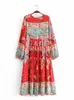 Casual jurken vintage chic mode dames lange mouw kwastje rode bloemen print strand bohemian maxi jurken dames katoenen geplooide boho jurk robe w0315