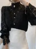 Women's Blouses Shirts Petal Sleeve Stand Collar Hollow Out Flower Lace Patchwork Shirt Femme Blusas All-match Women Lace Blouse Button White Top 12419 230316