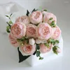 Dekorativa blommor 2023 30 cm Rose Pink Silk Bouquet Peony Fake Flower 5 Big Head 4 Liten Bud Brud Wedding Home Decoration Artific