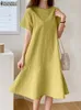 Lässige Kleider ZANZEA Weibliche Oansatz Reißverschluss Kurzarm Sommerkleid Sommer Frau Solide Kleid Stilvolle Elegante Arbeit OL Vintage Lose Midi Kleider 230316