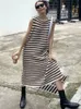 Casual Dresses Sleeveless Dresses Women Striped Basic Korean Style Female Straight Design Casual Stylish Classic Summer Midi Breathable Simple 230316