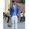 Herenpakken Casual Stijlvolle blauwe jas met witte broekmannen voor bruiloft 2 -pieces (jas tie) Slim terno masculino bruidegom revers blazer