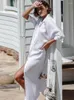 Traje de baño de mujer Vestidos de playa para mujer Camisas blancas Túnica Verano Traje de baño suelto Cubrir Ropa de playa de manga larga