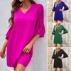 Casual Dresses V-Neck Solid Color Loose Fit Mini Dress Women Flare Half Sleeve Summer Female Clothing