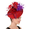 Geizige Krempenhüte, eleganter lila und roter Feder-Fascinator, Hochzeit, Braut-Haarspange, Hut für Party, Cocktail, Kopfbedeckung, Dame, Blumenmuster, Kopfbedeckung 230316