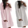 Casual Dresses Winter Artificial Plush Dress O-Neck Långärmning Rak hemfest Kvinnor Vestidos lammullficka Vit