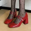 Dress Shoes Genuine Patent Leather Round Closed Toe Elegant Ladies Double Buckle Strap Chunky High Heels Mary Janes Pumps With Bowtie