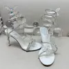 Rene Caovilla Salto Alto Sandálias Femininas de Designer Sapatos Femininos 9,5 cm Serpentina Envolvente Laço Cristal Moda Festa Salto Agulha Sapato Casamento