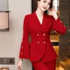 Kvinnors kostymer blazers mode röda byxa kostymer kvinnor 2 stycke set vår höst blazer set office lady work uniform outfits formella byxor kostym 230316