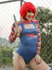 여자 2 피스 팬츠 여성을위한 Hirigin Halloween 의상 무자비한 악몽 킬러 인형 영화 캐릭터 Bodysuit Chucky Doll Costume Set 230316