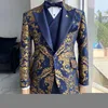 Abiti da uomo Blazer Jacquard Abiti da smoking floreali per uomo Matrimonio Slim Fit Blu navy e oro Giacca da uomo con gilet Pantalone 3 pezzi Costume maschile 230316