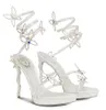 Verão luxo Rene Margot sandálias de cristal sapatos cobra embrulhado borboletas salto alto vestido de festa casamento caovilla gladiador sandalias eu35-43