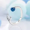 Blue Earth and Moon Open Rings for Pandora Real Sterling Silver Fashion Party Jewelry For Women Girlfriend Gift CZ Diamond designer Ring Set with Original Box