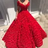 Rote Abendkleider, lang, luxuriös, V-Ausschnitt, schulterfrei, bauschiges Ballkleid, 3D-Blume, A-Linie, elegante Abschlussball-Party-Kleider, Robe de Soiree 2023