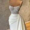 Party Dresses Pearls Beaded Spaghetti Mermaid Evening Gowns Elegant Satin Sweep Train Prom 2023 Design Formal Dress