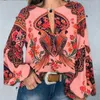 Blouses pour femmes 2023 fleur imprimé lanterne manches Boho Blouse Sexy dentelle gland O cou haut pour femme printemps été Chic