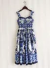 Casual Dresses Summer Hoiday Blue and White Porslin Flower Printing Cotton Dress Women Spaghetti Strap Zipper Elastic Backless Midi Vestidos W0315