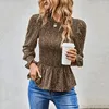 Women's Blouses Women Tops Casual Long Sleeve Crewneck Shirt Floral Print Smocked Ruffle Hem Slim Blouse Tunics Top