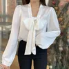 Camicette da donna Herstory Scollo a V da donna Casual Solid Bow Sweet Shirt Autunno Allentato Manica lunga Camicetta in chiffon Top Frauen Kleidung 2023