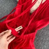 Robes Décontractées ZCWXM Été Femmes Sexy Hors Épaule Halter Robe Coréenne Col En V Partie Dos Nu Longues Robes Split Plage Rouge / Bleu Robe W0315