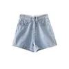 Shorts féminins shorts féminins denim bleu hauteur hauteur d'été bouton de fond décontracté volent lâches de la jambe en dentelle entièrement apparente strewear a-line korean chic 230316