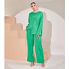 Ethnic Clothing Women Summer Muslim Sets 2PCS Solid Color Full Sleeve Blouse Wide Leg Pants Elegant Casual Loose Turkey Abayas Suit Malaysia