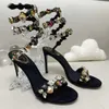 Rene Caovilla High Heels Sandals Tasarımcı Kadınlar Elbise Ayakkabı 9.5 cm Serpantin Sargısı Kristal Yay Moda Partisi Stiletto Topuk Düğün Ayakkabı