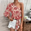 Kadın Bluzları Boho Bir Omuz Seksi Kadınlar Uzun Kollu Düzensiz Eğimli Yakalı Retro Baskılı Tee Fil