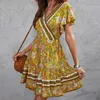 Robes décontractées été femmes imprimé fleuri bohême plage jaune élégant vacances robe d'été à manches courtes en mousseline de soie 230316