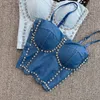 Women's spaghetti strap padded denim jeans rhinestone patched sexy bustier tanks camis