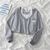 Kvinnor Hoodies Sweatshirts Korean Fashion Women Fake Two Pieces Axless Crop Top Preppy Style Harajuku Swearshirt LoSe Casual Pullovers Bluses 230316