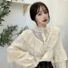 여자 블라우스 셔츠 패션 패션 한국 레이스 up ruffled blouses 여자 가을 달콤한 느슨한 옷 스탠드 콜라 레이디스 탑 빈티지 레이스 셔츠 여자 11335 230316