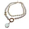 Chaînes Kkgem 2 brins chaîne de fleurs en émail blanc naturel baroque collier de perles d'eau douce pendentif pièce de monnaie