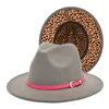 Leopard botten lapptäcke fedora hattar med heta rosa bälte kyrka hattar kvinnor elegant fest topp hatt män cowboy panama filt mössa