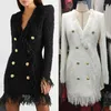 Casual Dresses S-XXL High Quality Fashion Bright Silk Wool Tassel Lace Double Row Metal Button Long Sleeve V-neck Dress Black And White