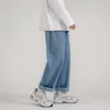 QNPQYX Nieuwe Koreaanse mode heren baggy jeans klassieke unisex man rechte denim brede poten broek hiphop bagy lichtblauw grijs zwart